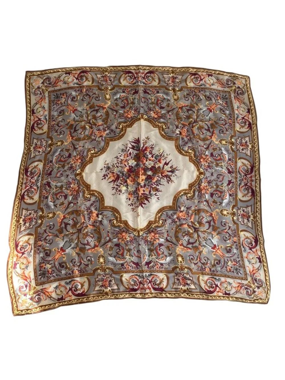 Oscar de la Renta gold burgundy floral Silk vintage Spring hand sewn scarf 31 sq